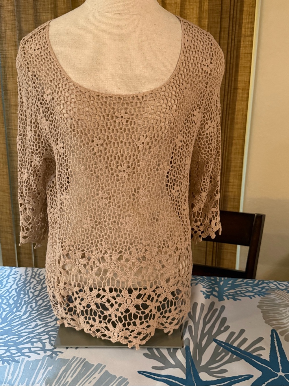 Crochet Open-Knit Scoop Neck Sweater - Taupe